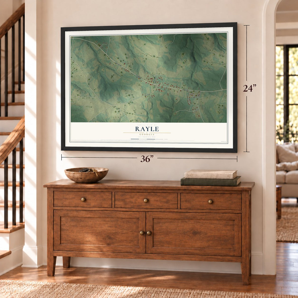Rayle, Georgia map, 24 x 36 inch print in a black frame above a dresser by a staircase