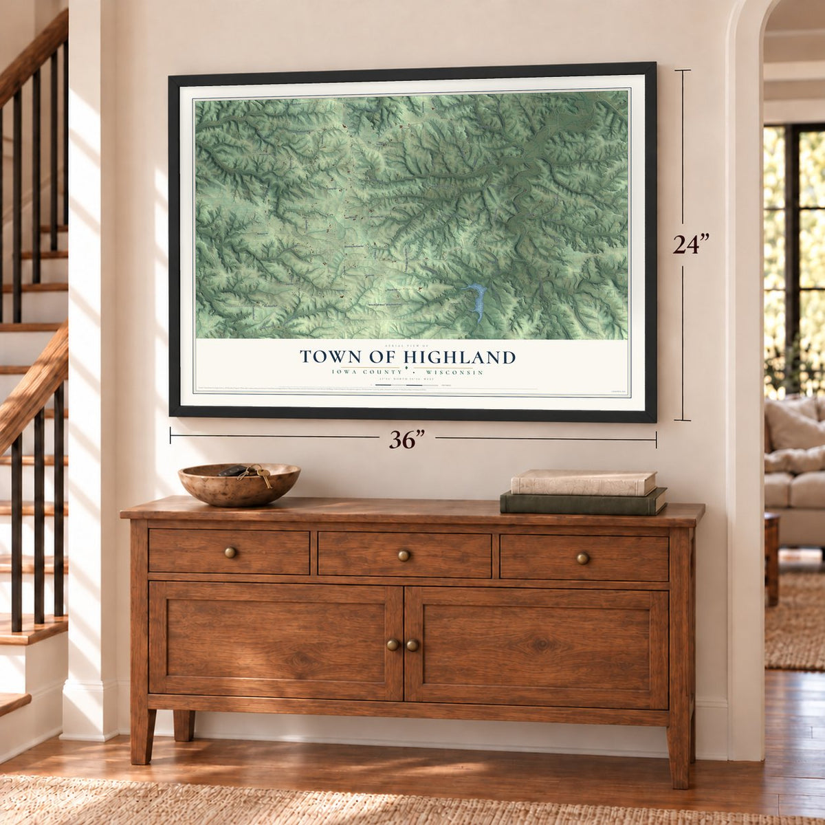 Town of Highland, Iowa County, Wisconsin map, 24 x 36 inch print in a black frame above a dresser by a staircase