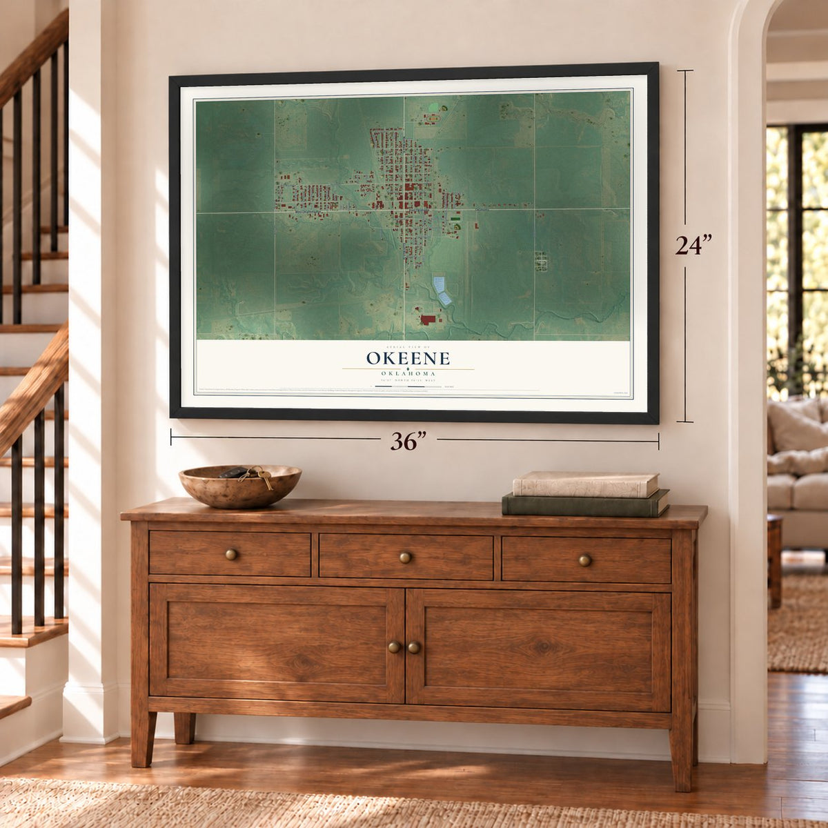 Okeene, Oklahoma map, 24 x 36 inch print in a black frame above a dresser by a staircase