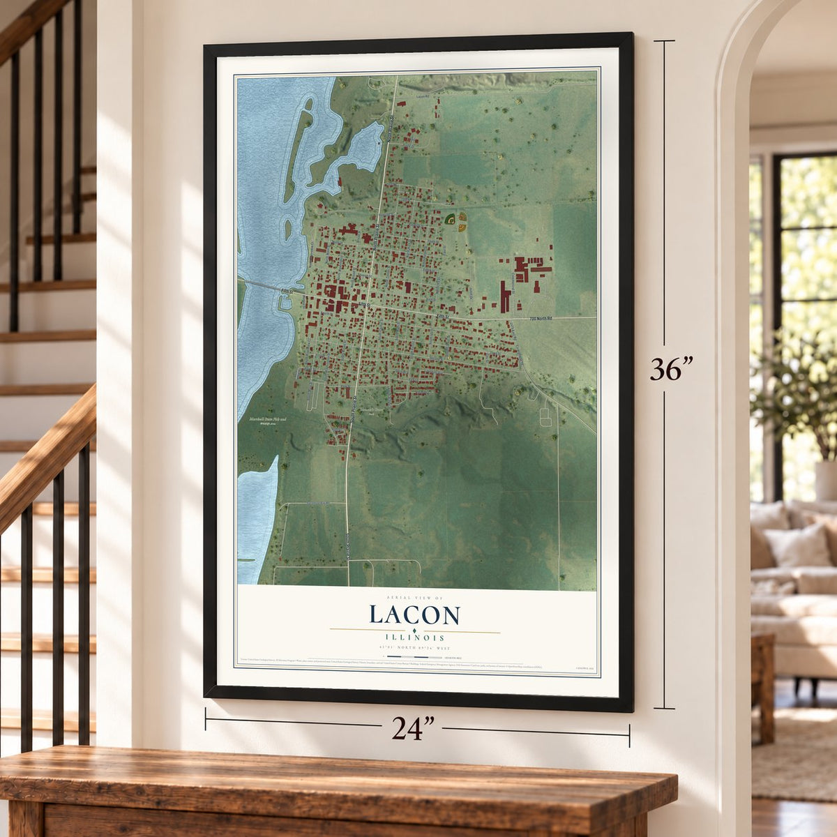 Lacon, Illinois map, 24 x 36 inch print in a black frame by a staircase