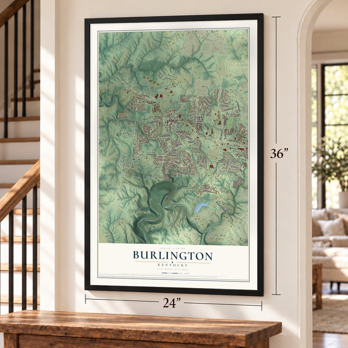 Burlington, Kentucky map, 24 x 36 inch print in a black frame by a staircase