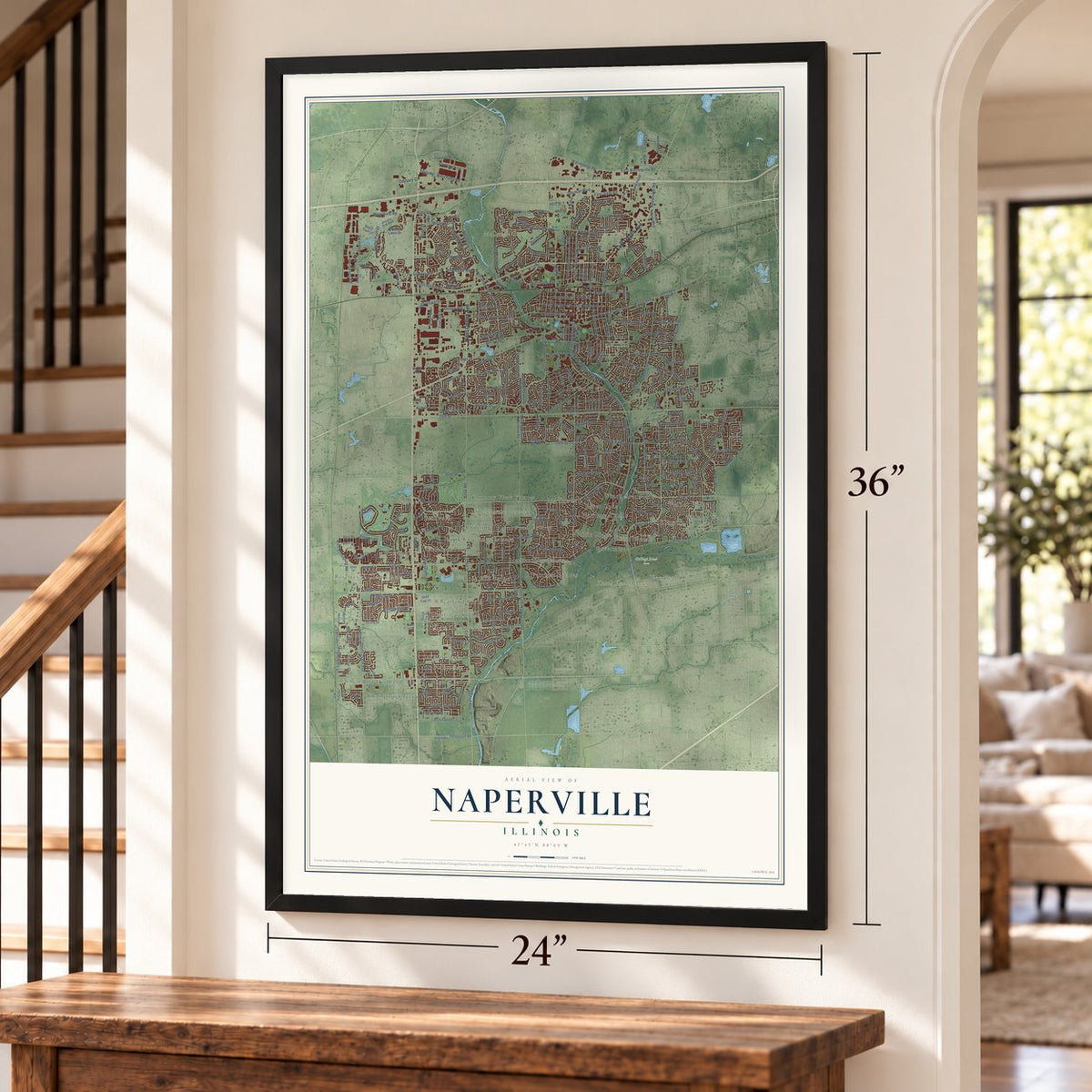 Naperville, Illinois map, 24 x 36 inch print in a black frame by a staircase