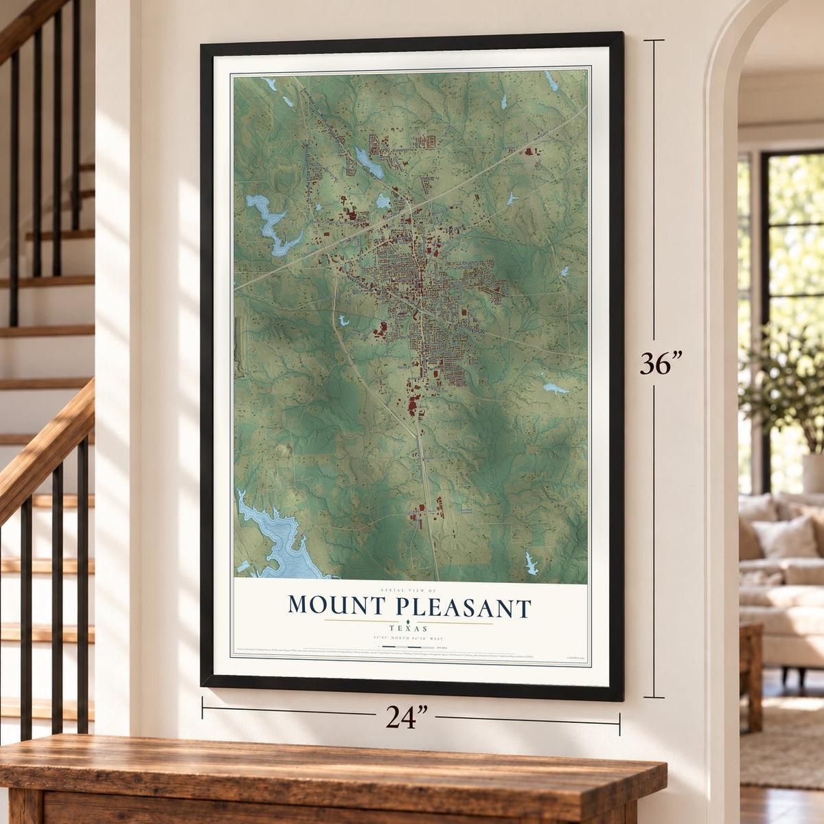 Mount Pleasant, Texas map, 24 x 36 inch print in a black frame by a staircase