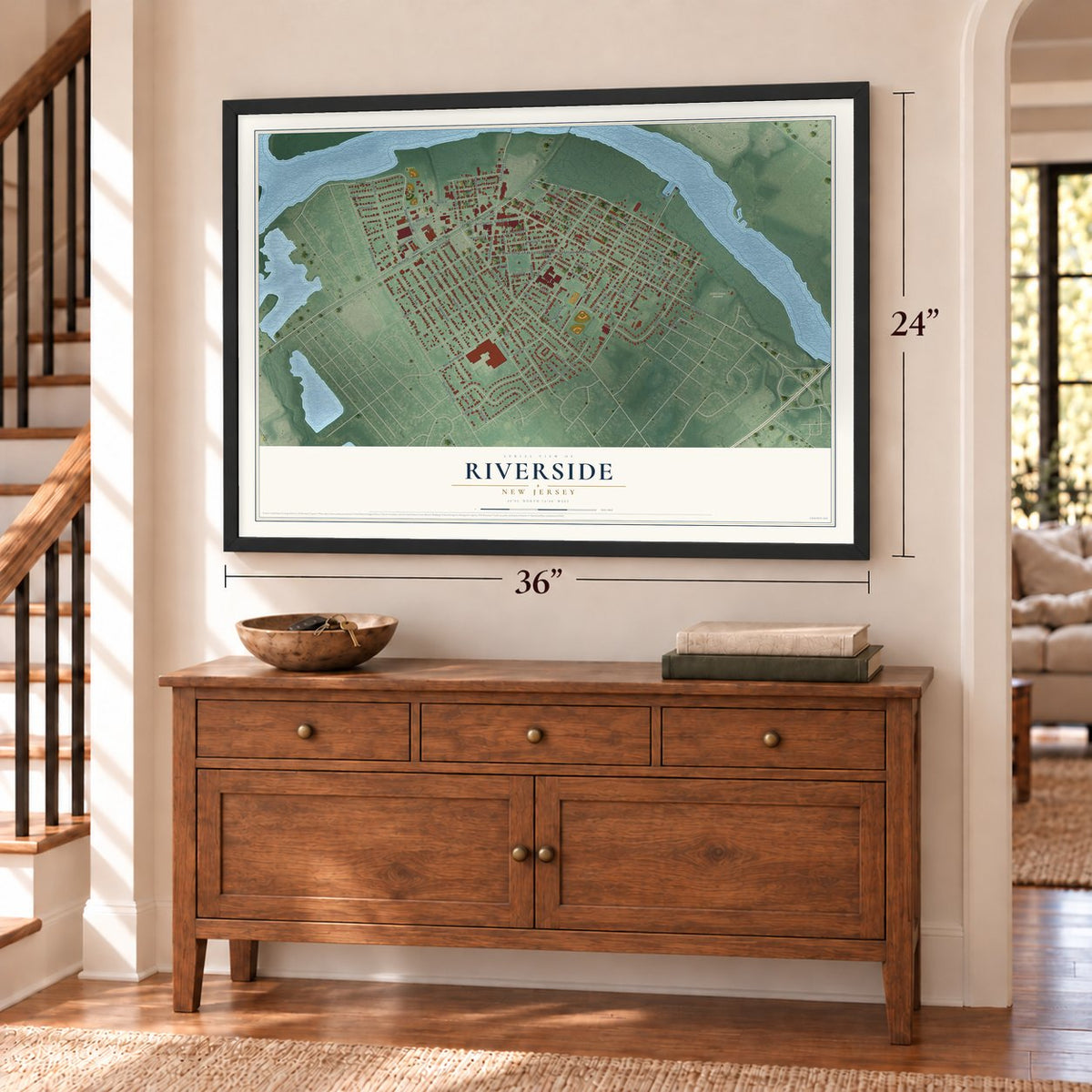 Riverside, New Jersey map, 24 x 36 inch print in a black frame above a dresser by a staircase
