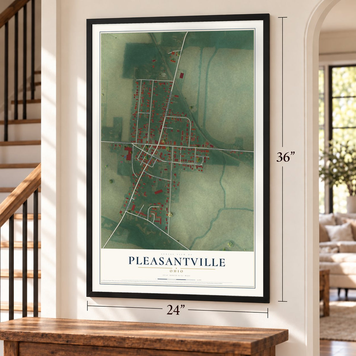 Pleasantville, Ohio map, 24 x 36 inch print in a black frame by a staircase