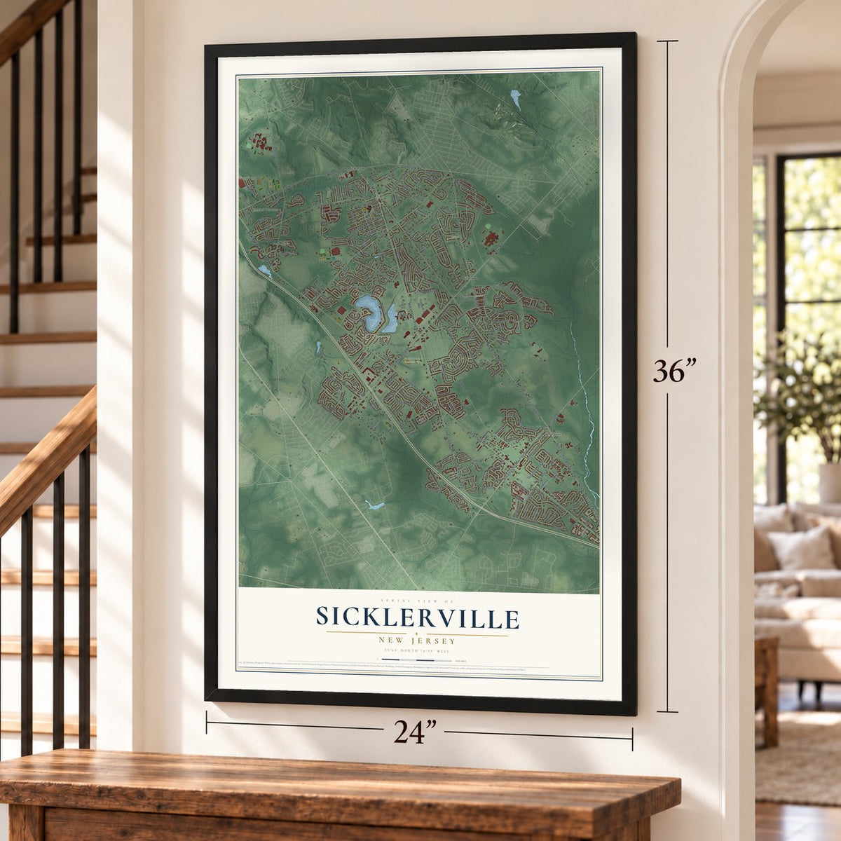 Sicklerville, New Jersey map, 24 x 36 inch print in a black frame by a staircase