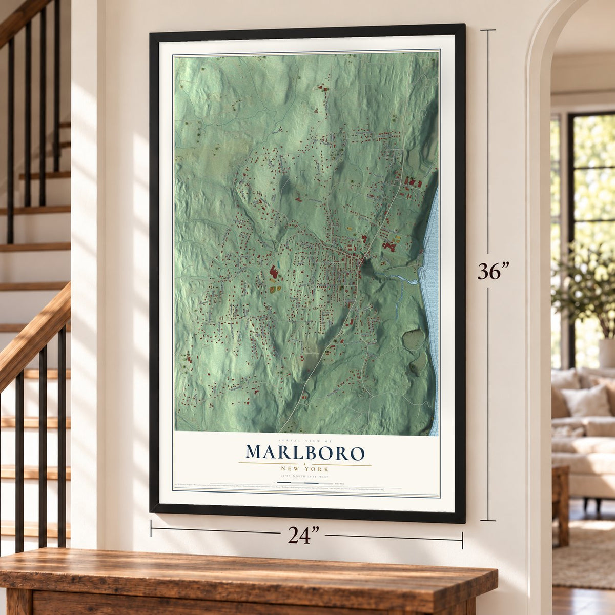 Marlboro, New York map, 24 x 36 inch print in a black frame by a staircase