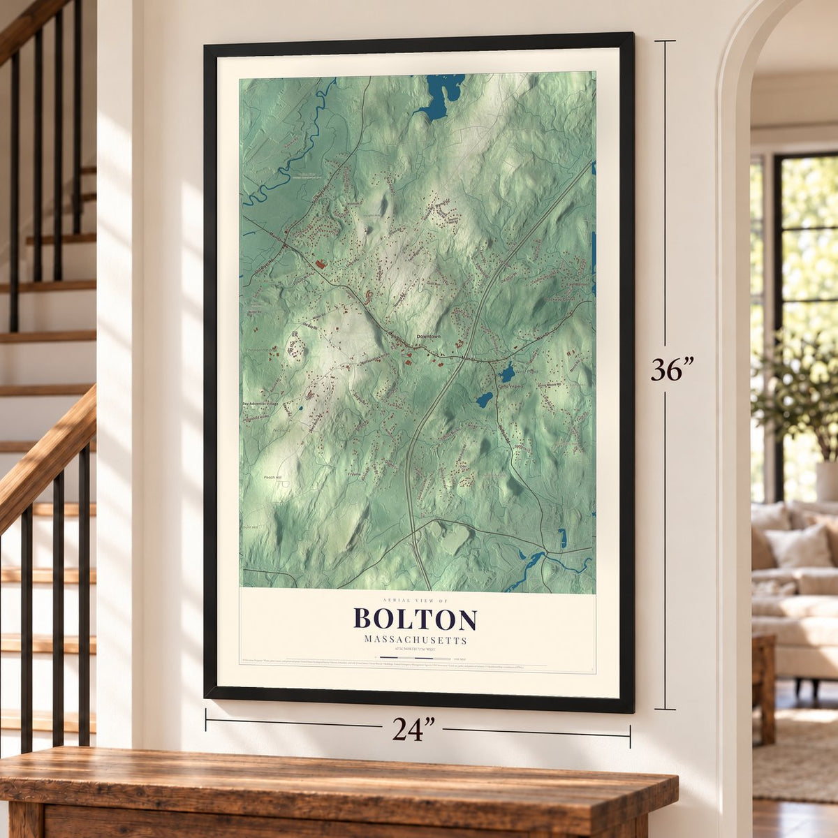 Bolton, Massachusetts map, 24 x 36 inch print in a black frame by a staircase