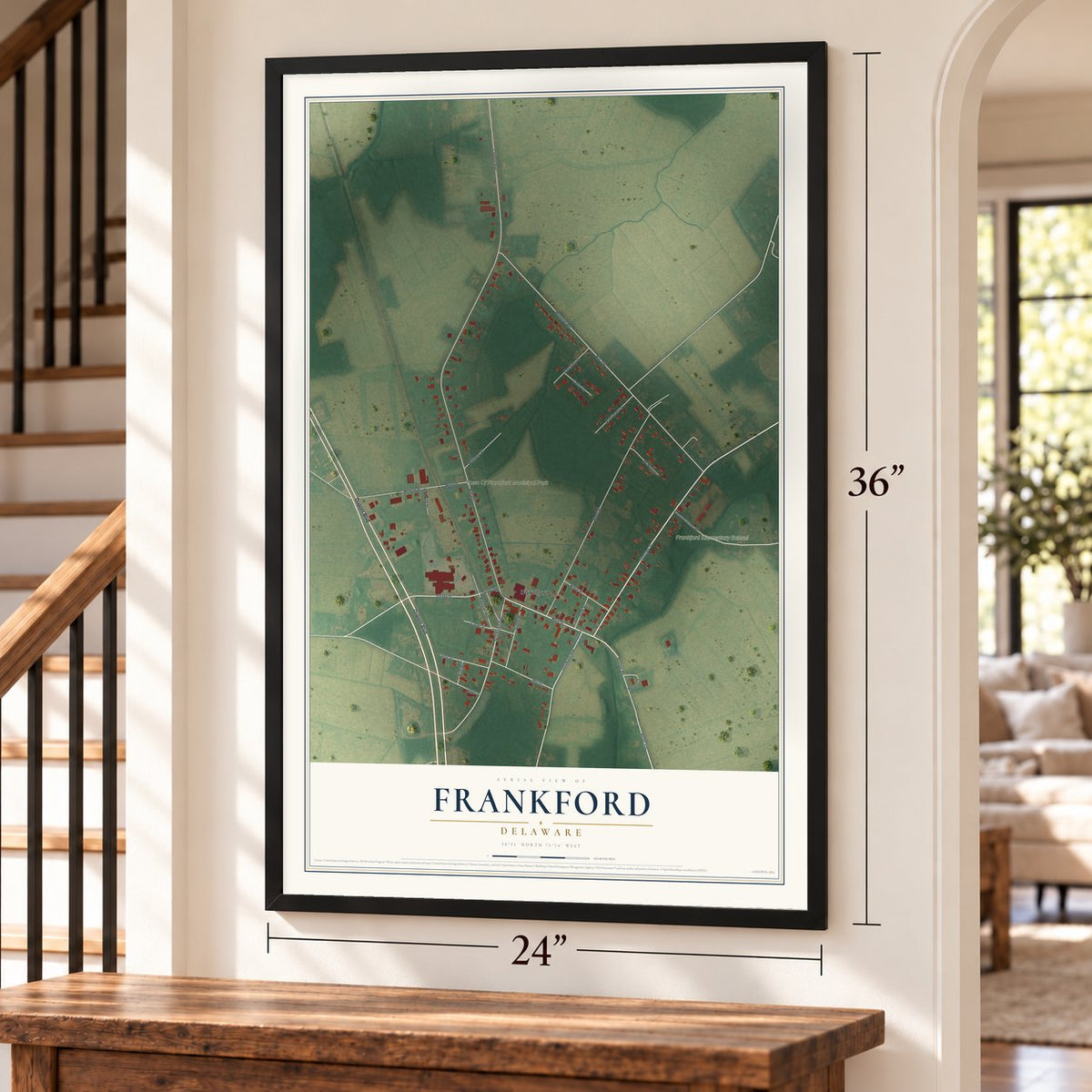 Frankford, Delaware map, 24 x 36 inch print in a black frame by a staircase