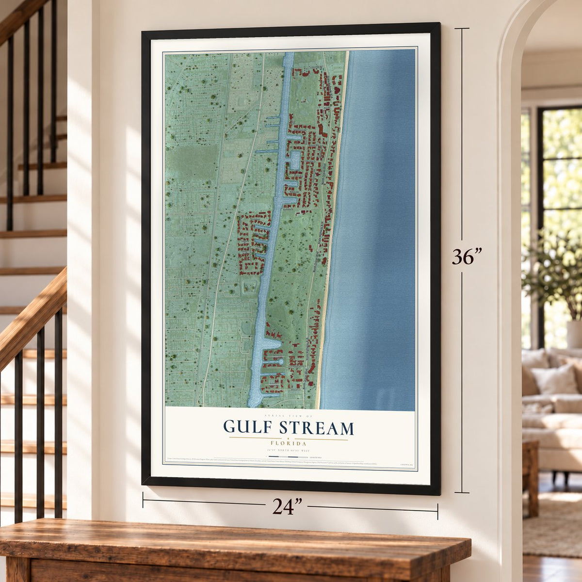 Gulf Stream, Florida map, 24 x 36 inch print in a black frame by a staircase
