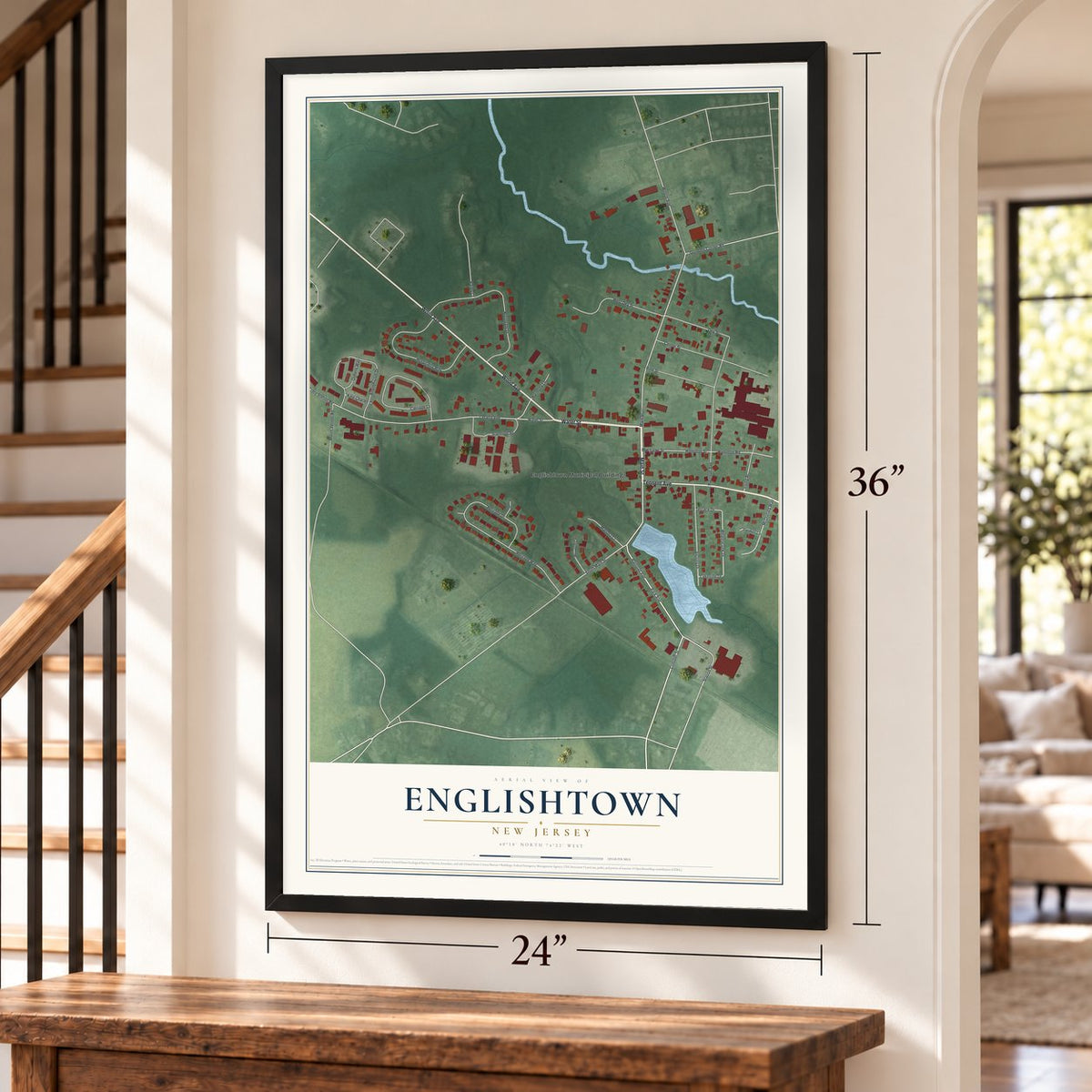 Englishtown, New Jersey map, 24 x 36 inch print in a black frame by a staircase