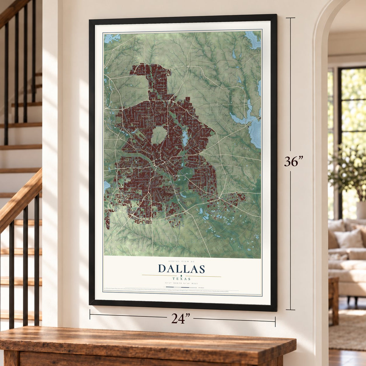 Dallas, Texas map, 24 x 36 inch print in a black frame by a staircase