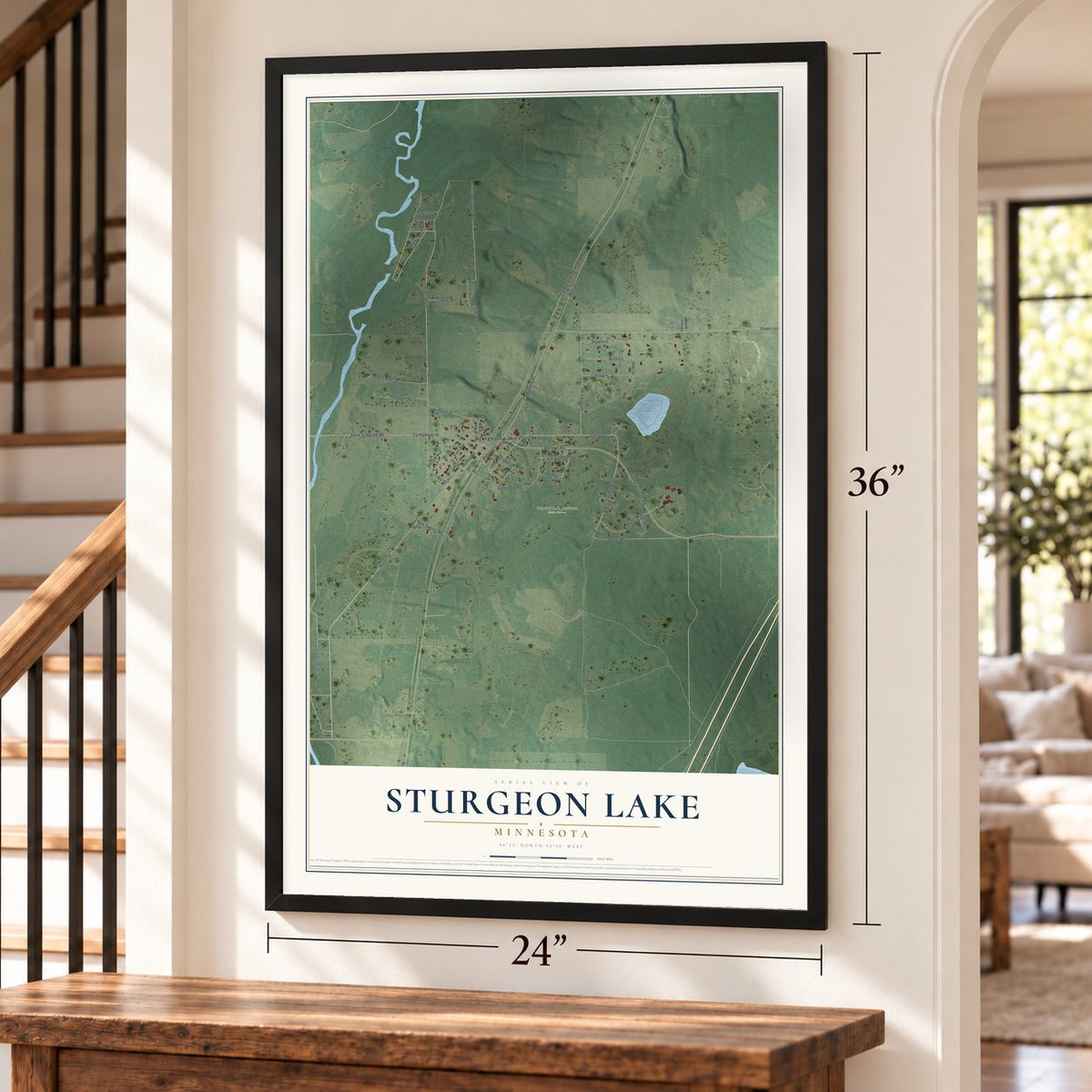 Sturgeon Lake, Minnesota map, 24 x 36 inch print in a black frame by a staircase