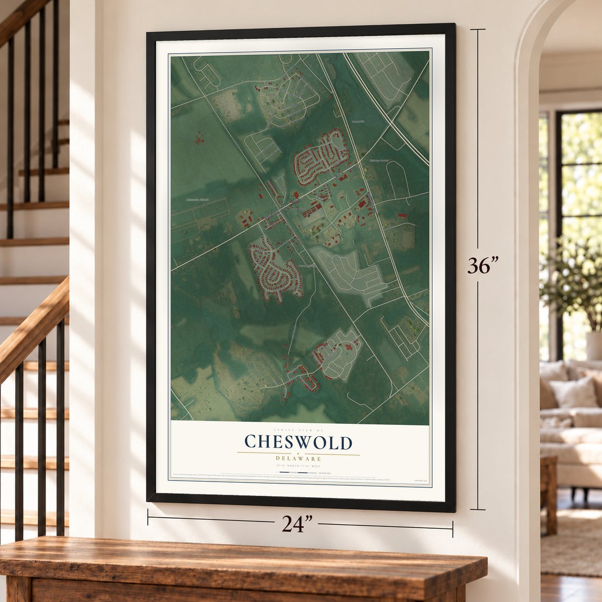 Cheswold, Delaware map, 24 x 36 inch print in a black frame by a staircase