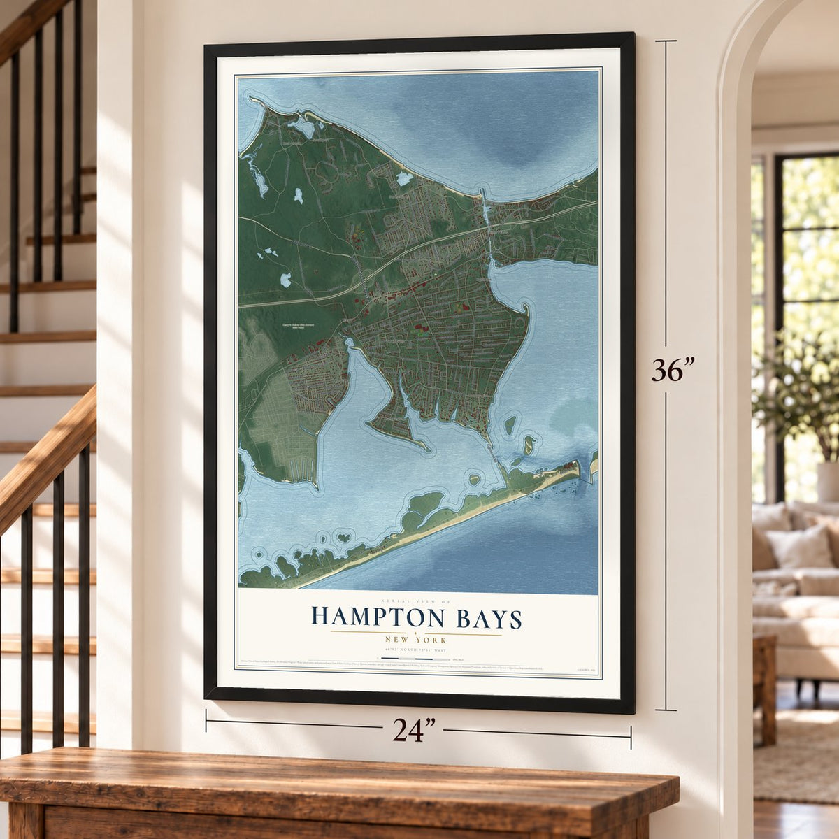 Hampton Bays, New York map, 24 x 36 inch print in a black frame by a staircase