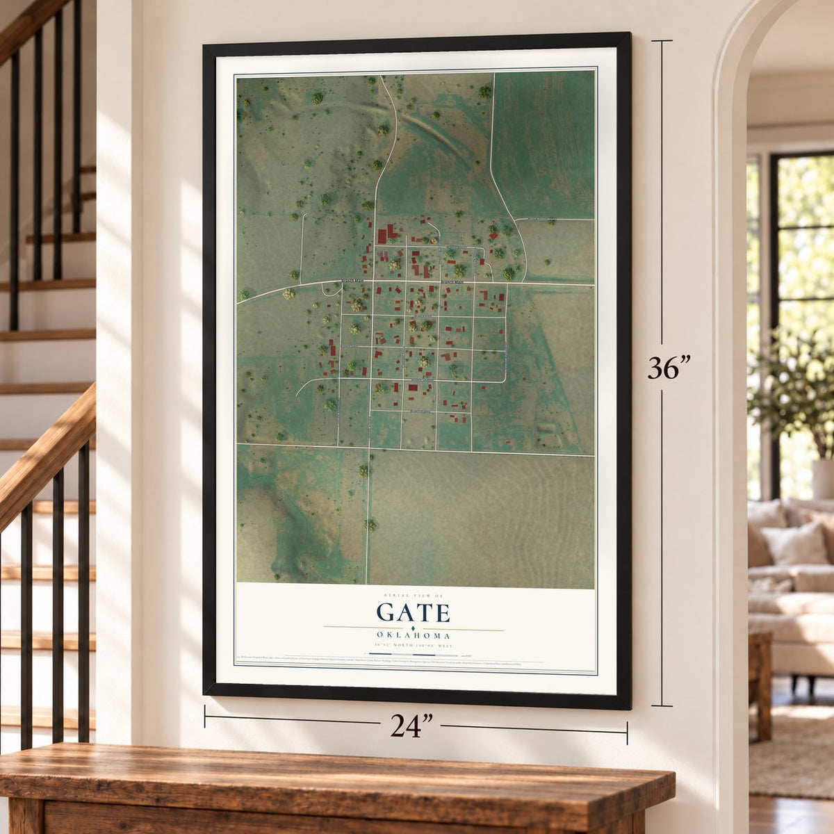Gate, Oklahoma map, 24 x 36 inch print in a black frame by a staircase