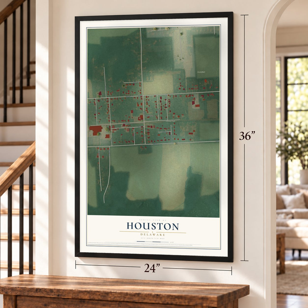 Houston, Delaware map, 24 x 36 inch print in a black frame by a staircase
