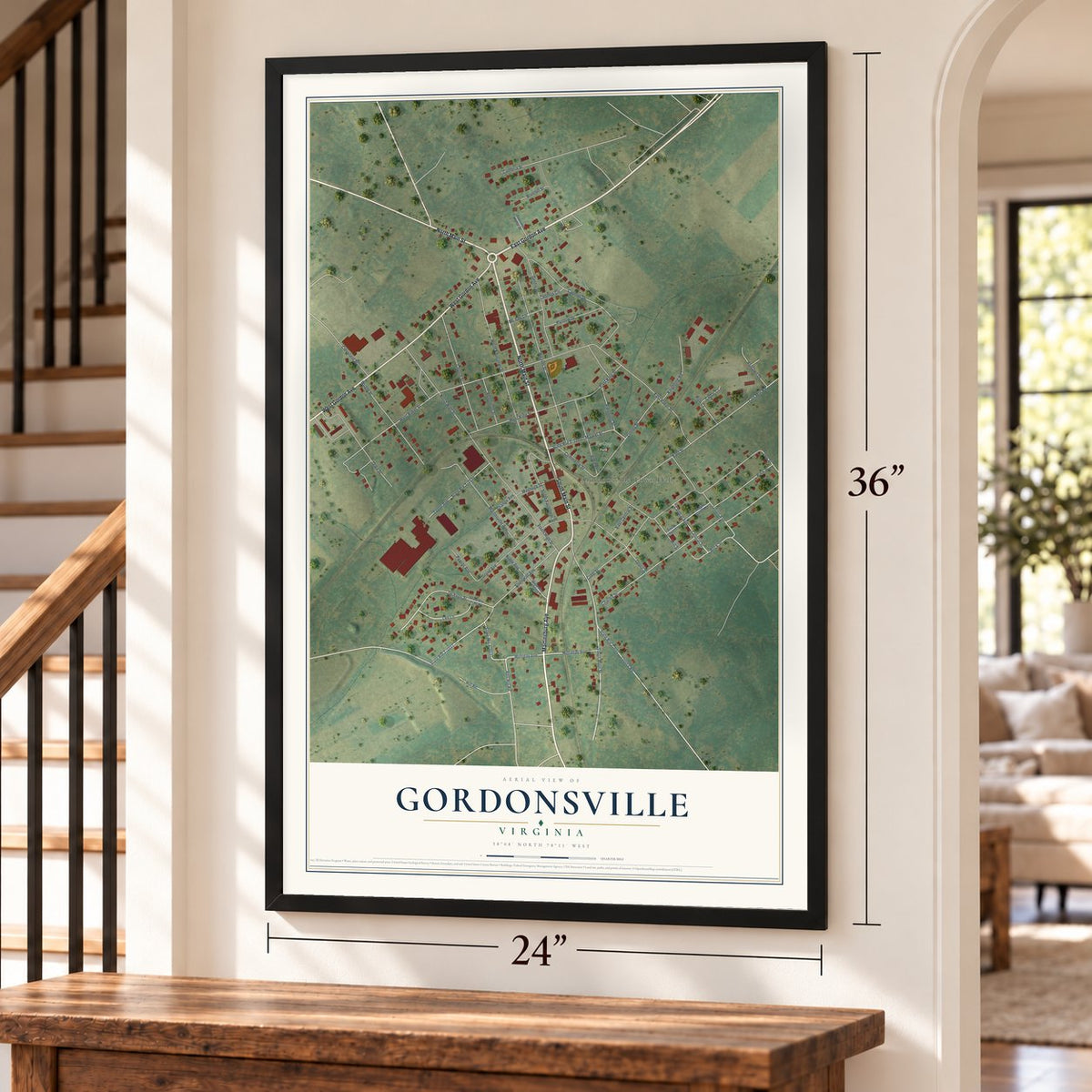 Gordonsville, Virginia map, 24 x 36 inch print in a black frame by a staircase