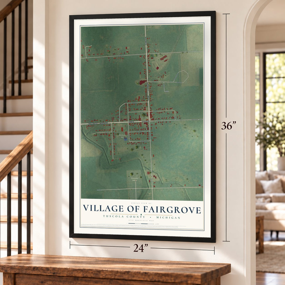 Fairgrove, Michigan map, 24 x 36 inch print in a black frame by a staircase