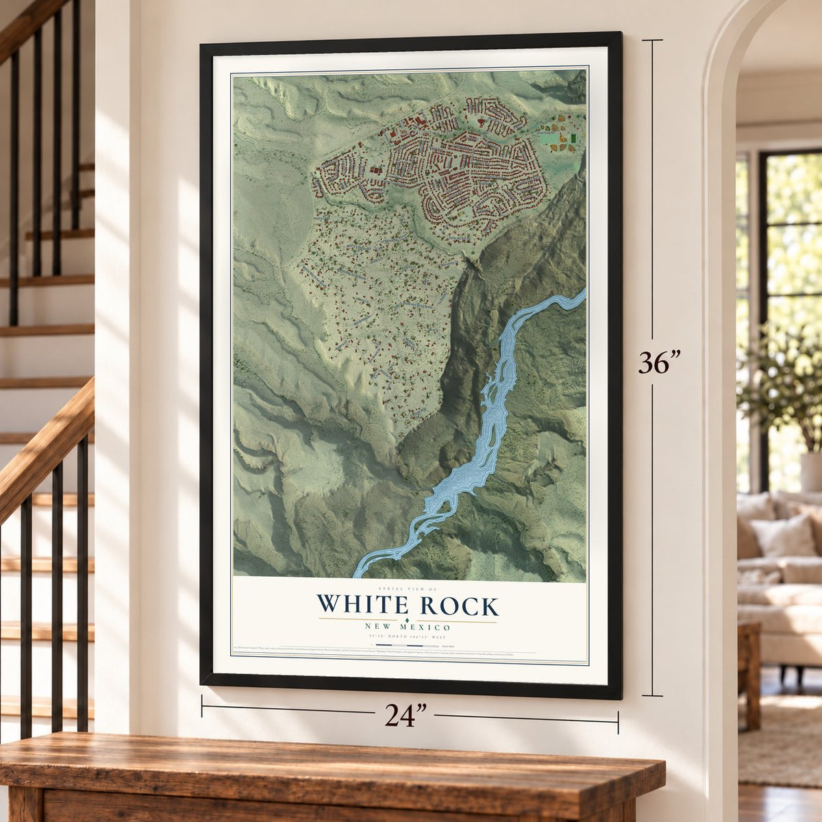 White Rock, New Mexico map, 24 x 36 inch print in a black frame by a staircase