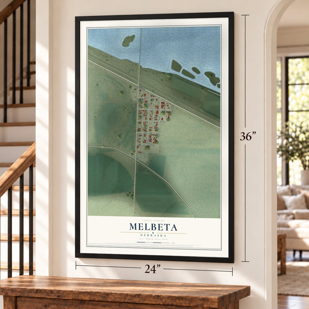 Melbeta, Nebraska map, 24 x 36 inch print in a black frame by a staircase