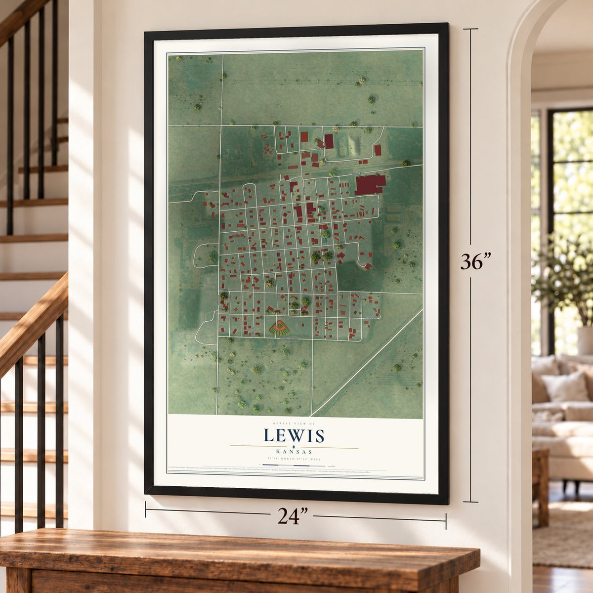 Lewis, Kansas map, 24 x 36 inch print in a black frame by a staircase