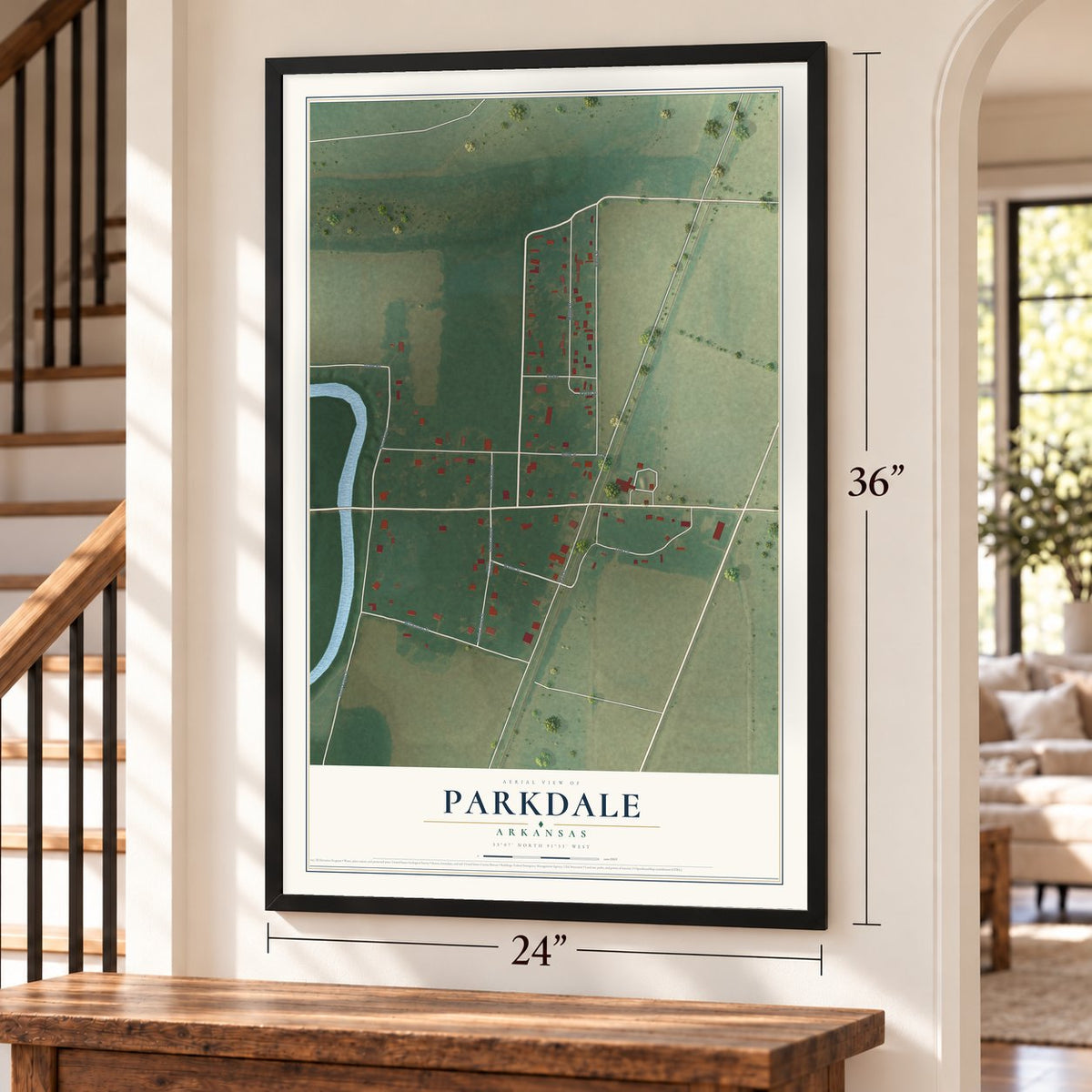 Parkdale, Arkansas map, 24 x 36 inch print in a black frame by a staircase
