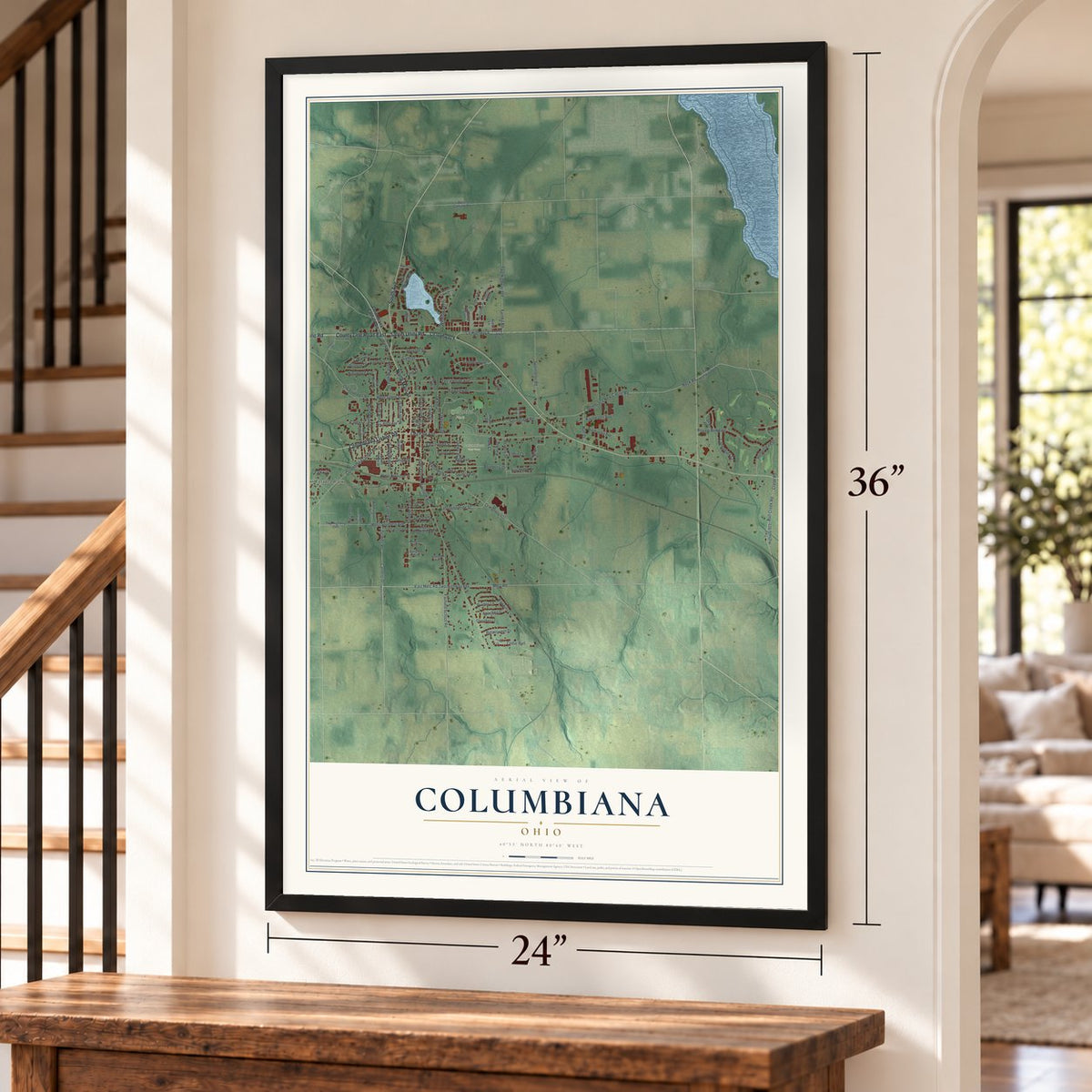 Columbiana, Ohio map, 24 x 36 inch print in a black frame by a staircase