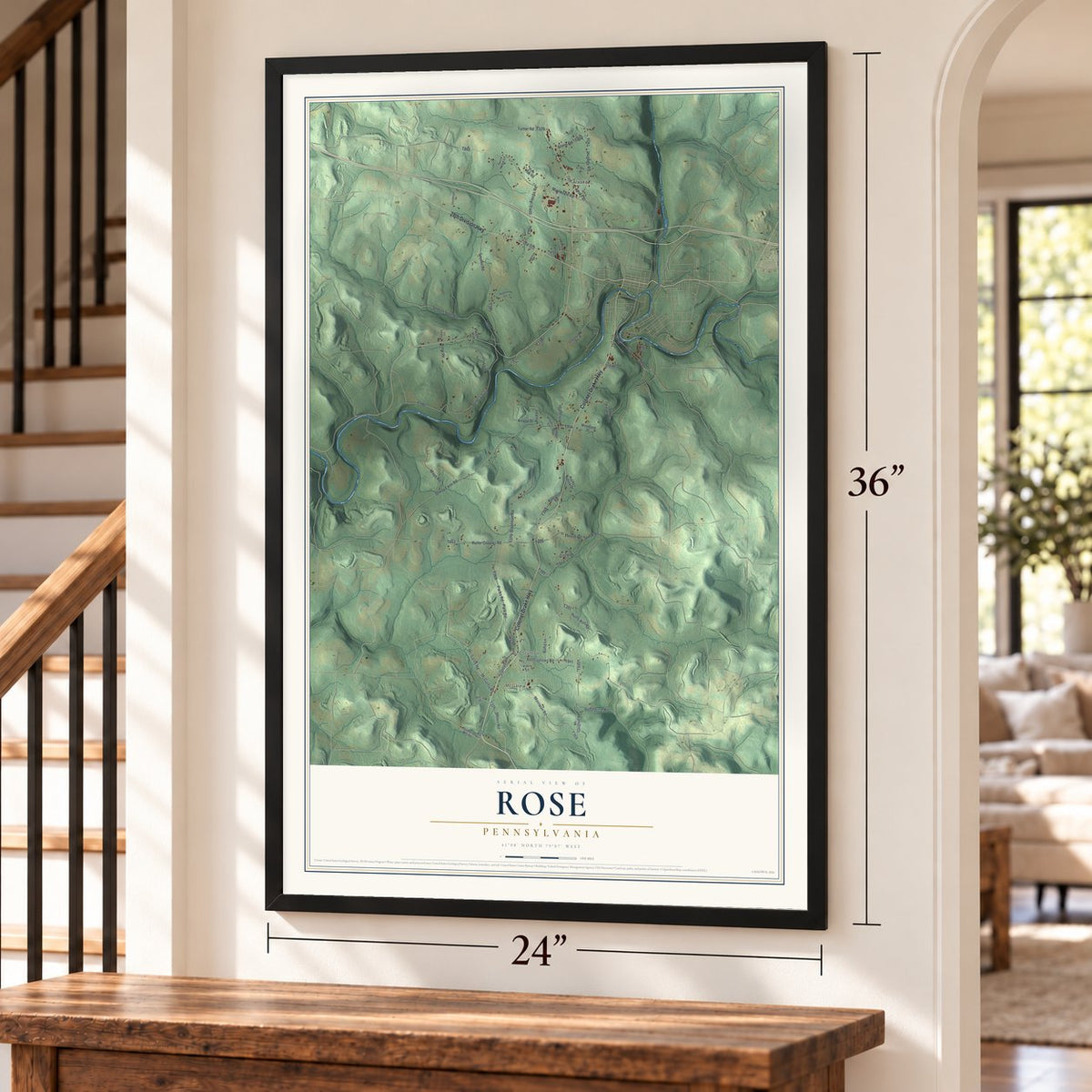 Rose, Pennsylvania map, 24 x 36 inch print in a black frame by a staircase
