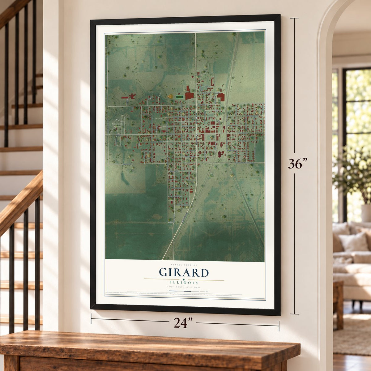 Girard, Illinois map, 24 x 36 inch print in a black frame by a staircase