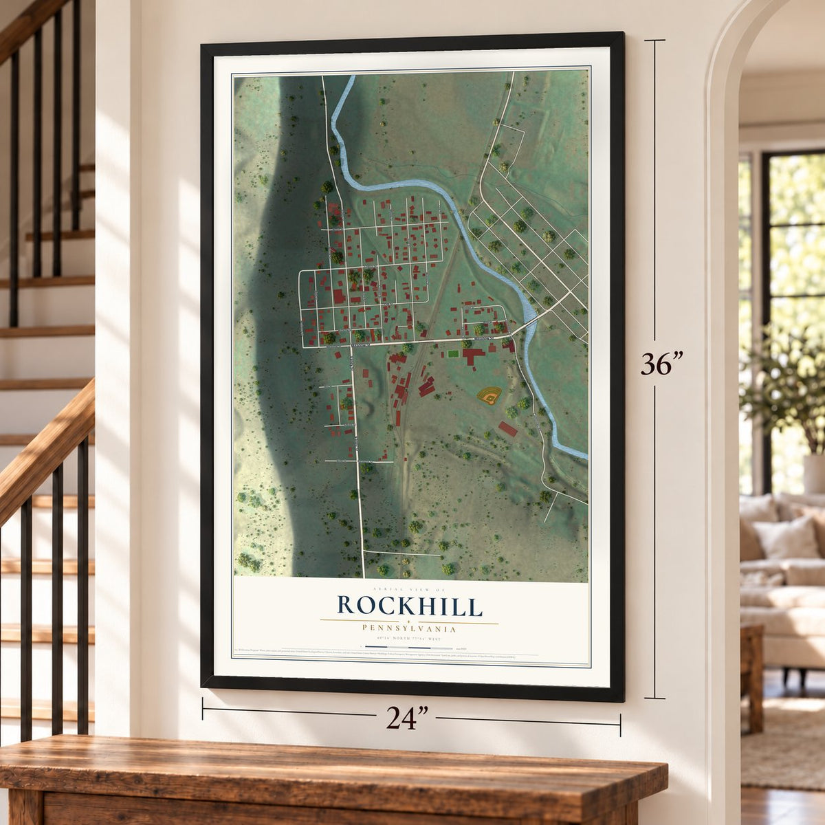 Rockhill, Pennsylvania map, 24 x 36 inch print in a black frame by a staircase