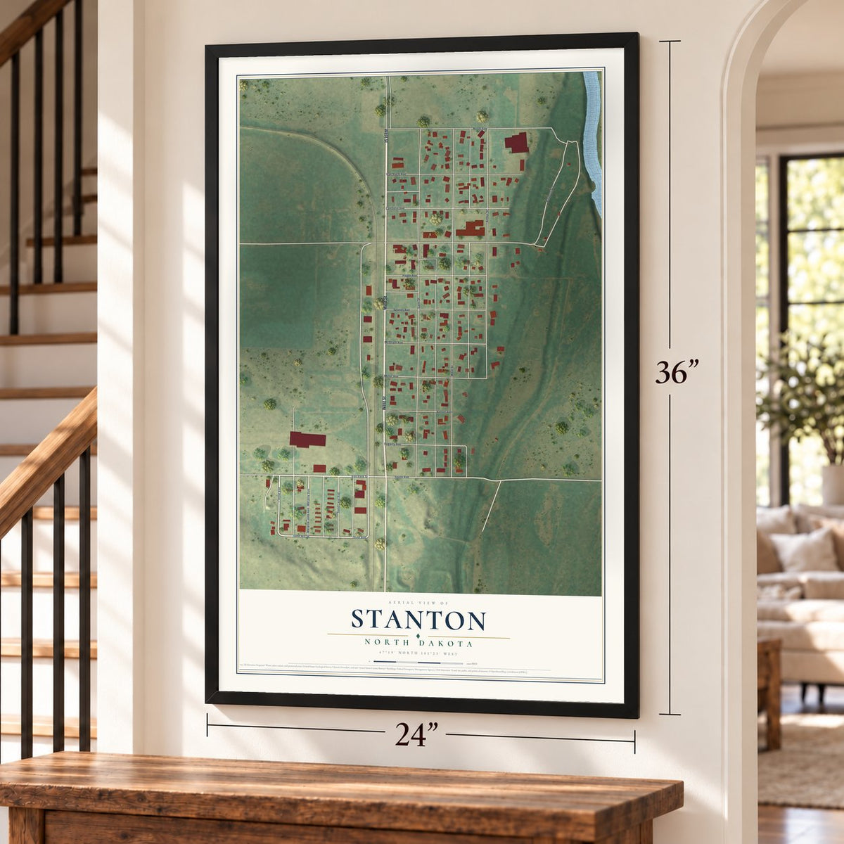 Stanton, North Dakota map, 24 x 36 inch print in a black frame by a staircase
