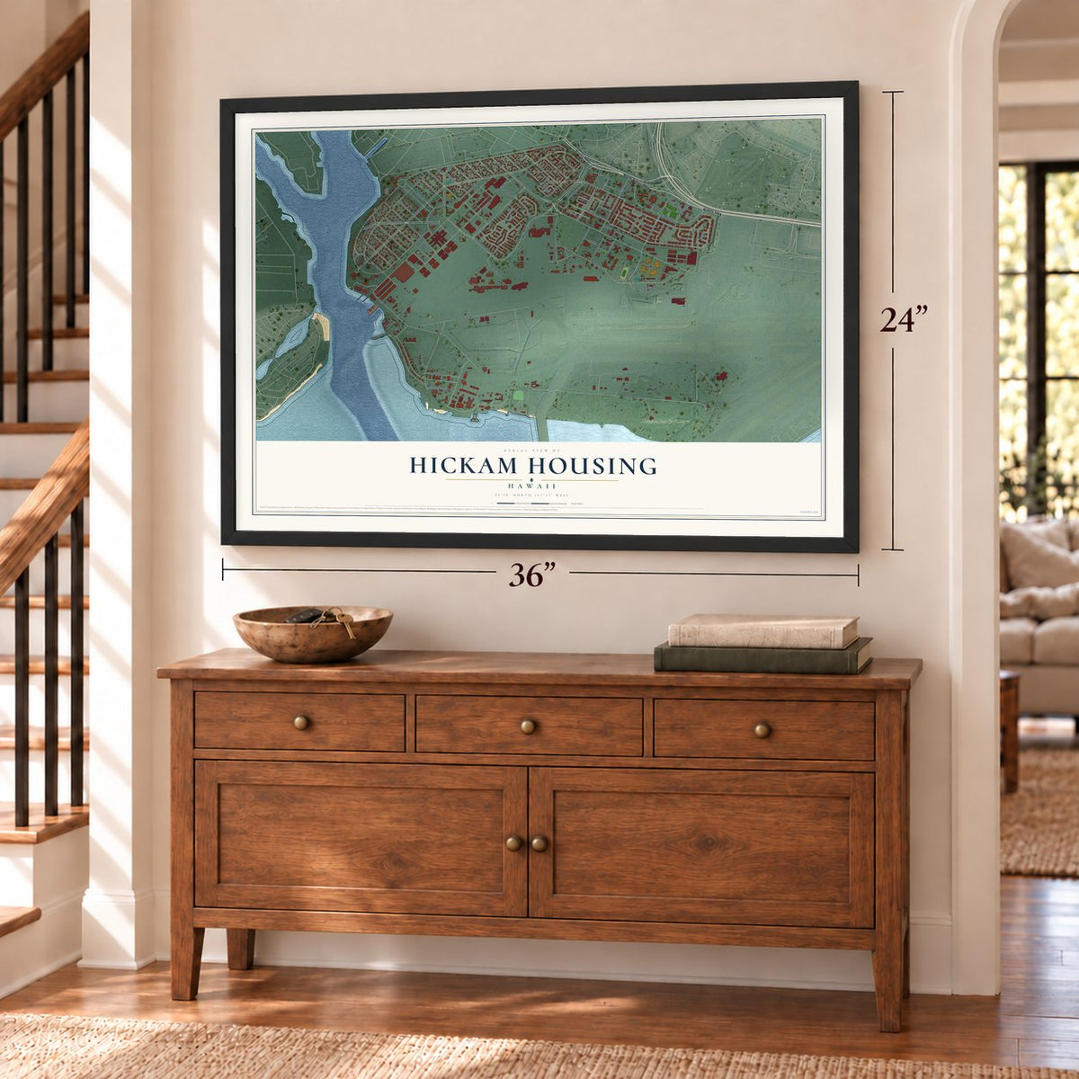 Hickam Housing, Hawaii map, 24 x 36 inch print in a black frame above a dresser by a staircase