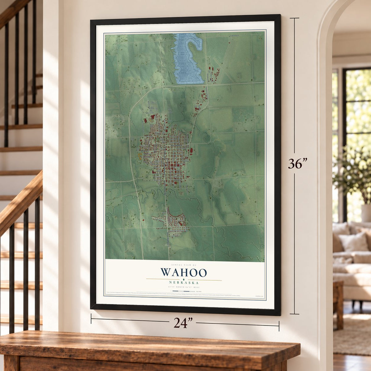 Wahoo, Nebraska map, 24 x 36 inch print in a black frame by a staircase