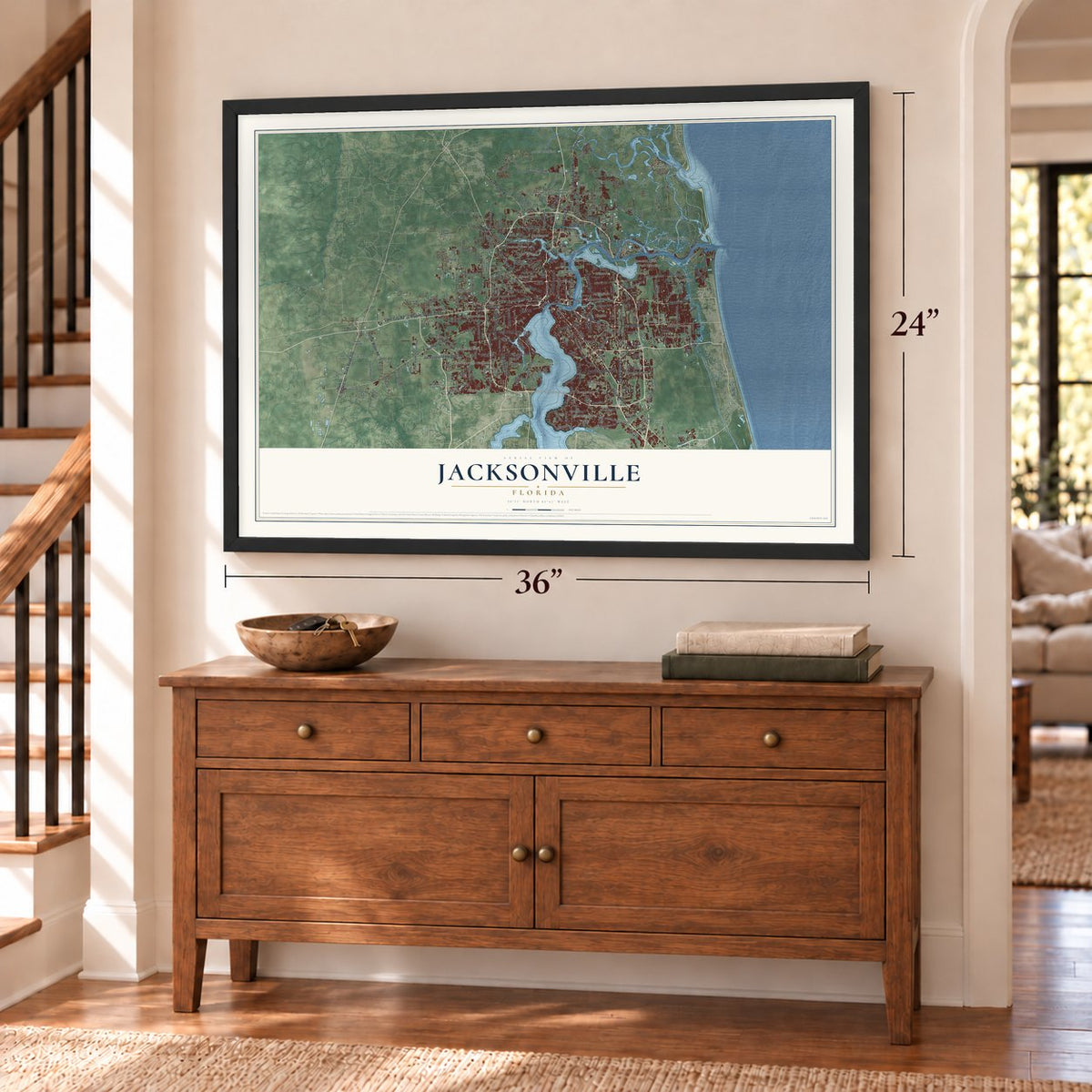 Jacksonville, Florida map, 24 x 36 inch print in a black frame above a dresser by a staircase