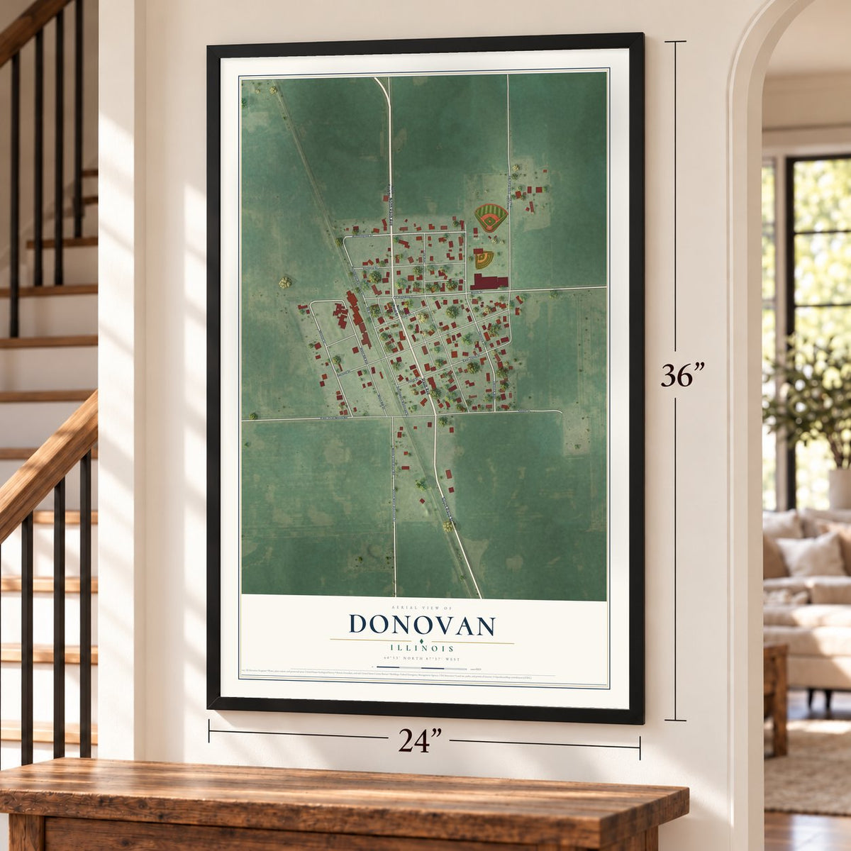 Donovan, Illinois map, 24 x 36 inch print in a black frame by a staircase