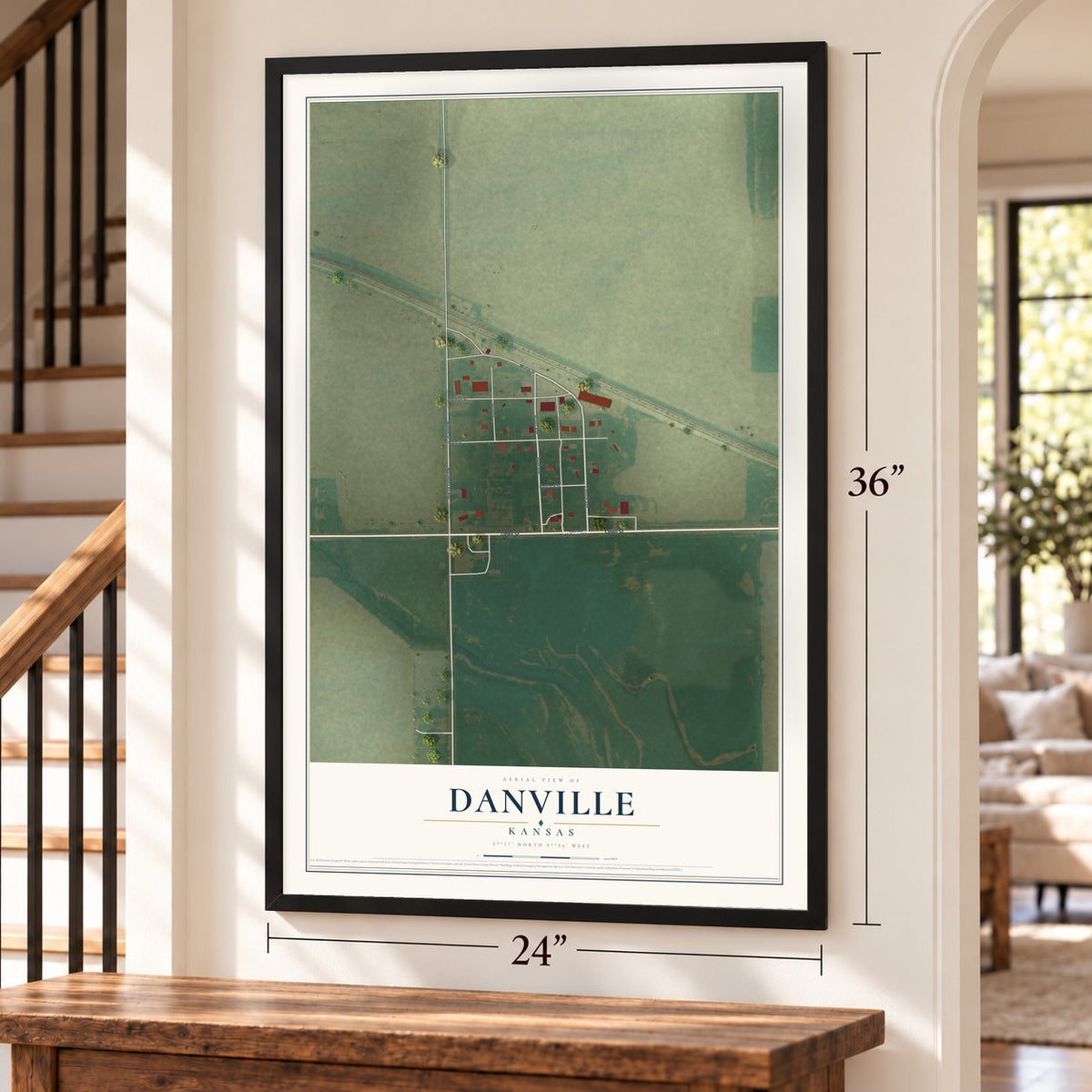 Danville, Kansas map, 24 x 36 inch print in a black frame by a staircase