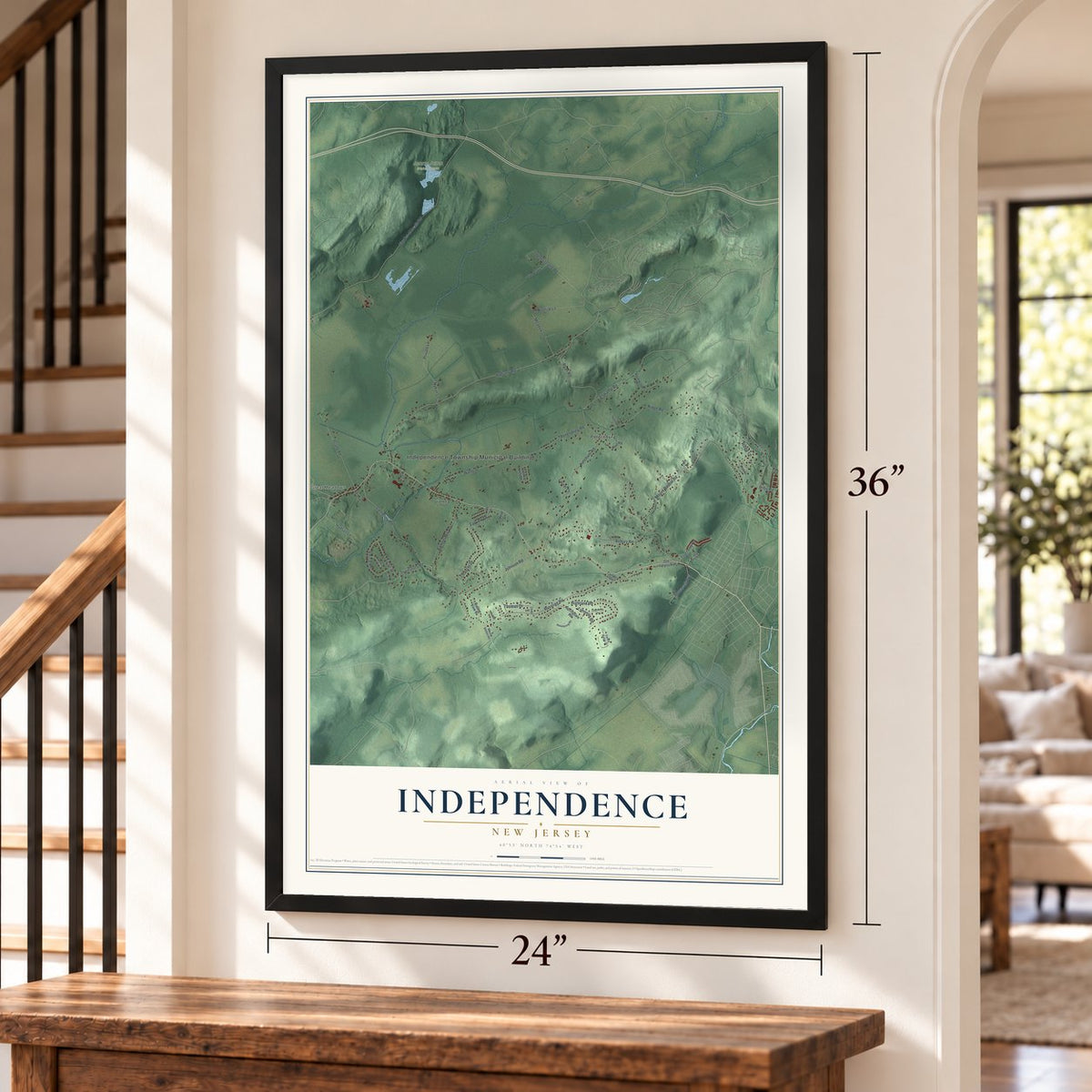 Independence, New Jersey map, 24 x 36 inch print in a black frame by a staircase