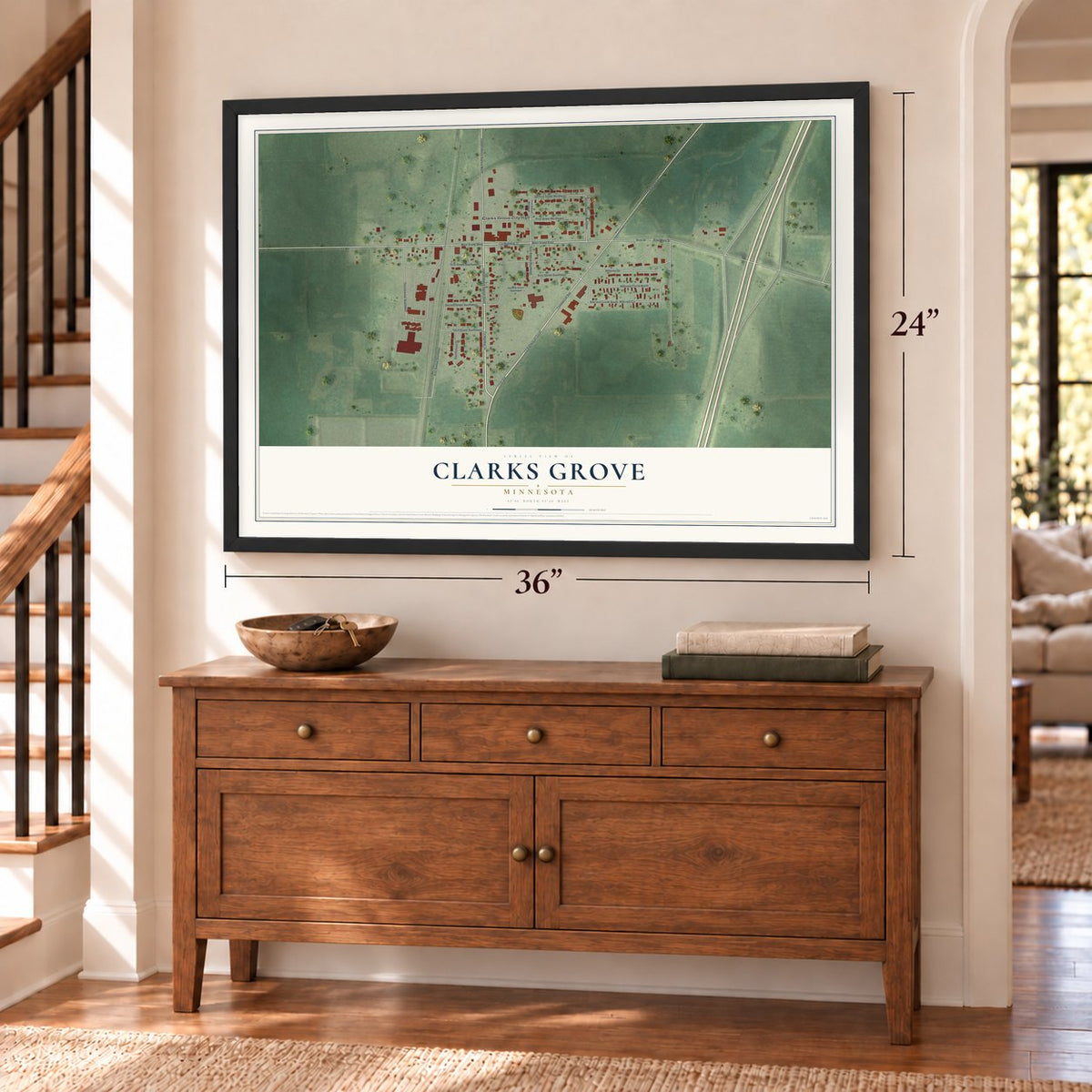 Clarks Grove, Minnesota map, 24 x 36 inch print in a black frame above a dresser by a staircase
