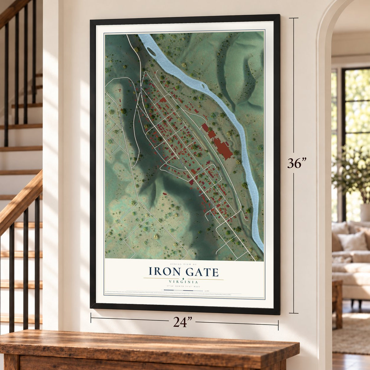 Iron Gate, Virginia map, 24 x 36 inch print in a black frame by a staircase