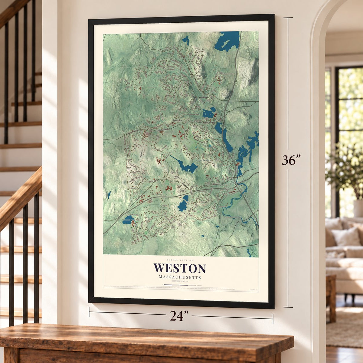 Weston, Massachusetts map, 24 x 36 inch print in a black frame by a staircase