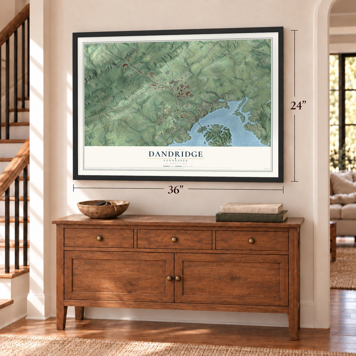 Dandridge, Tennessee map, 24 x 36 inch print in a black frame above a dresser by a staircase