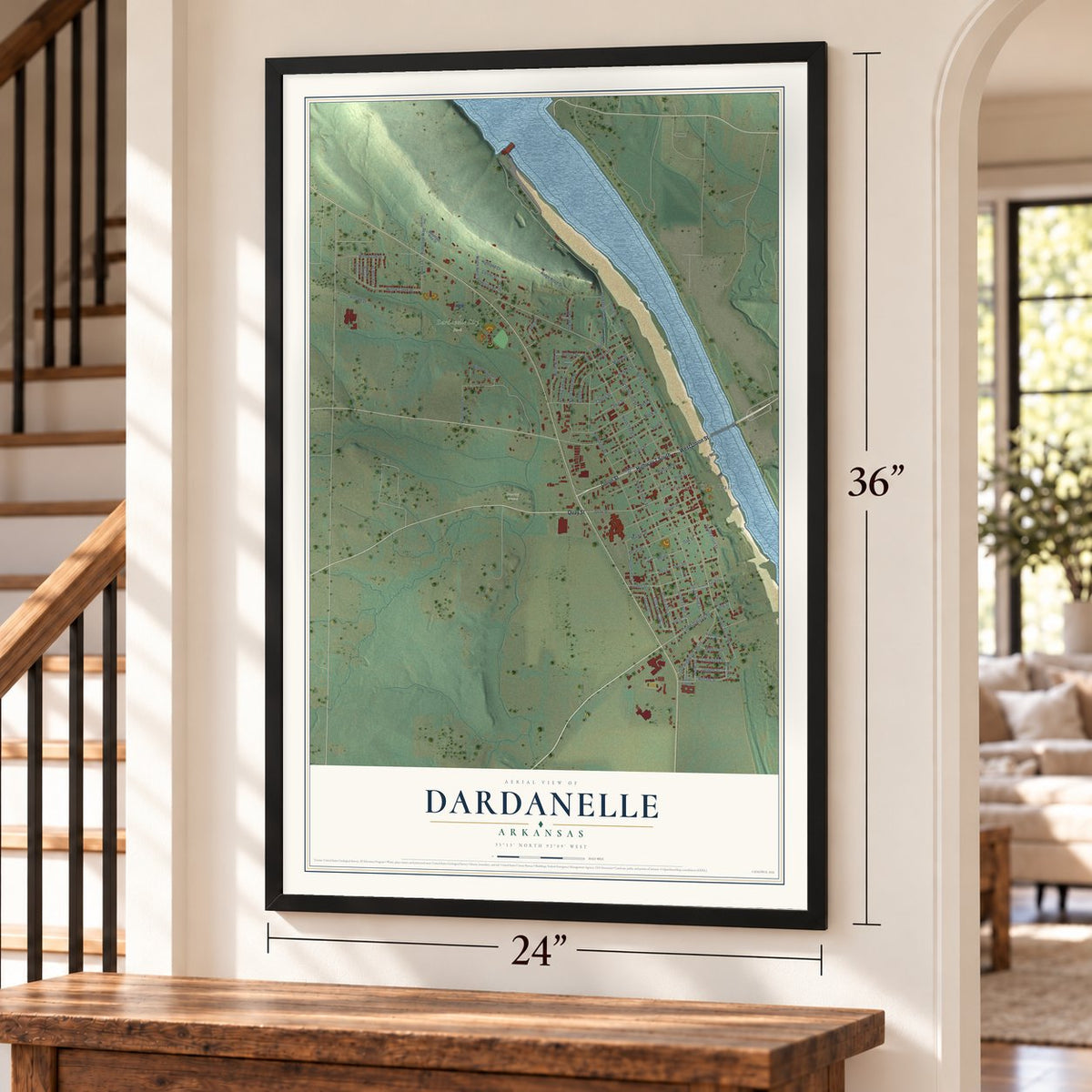 Dardanelle, Arkansas map, 24 x 36 inch print in a black frame by a staircase