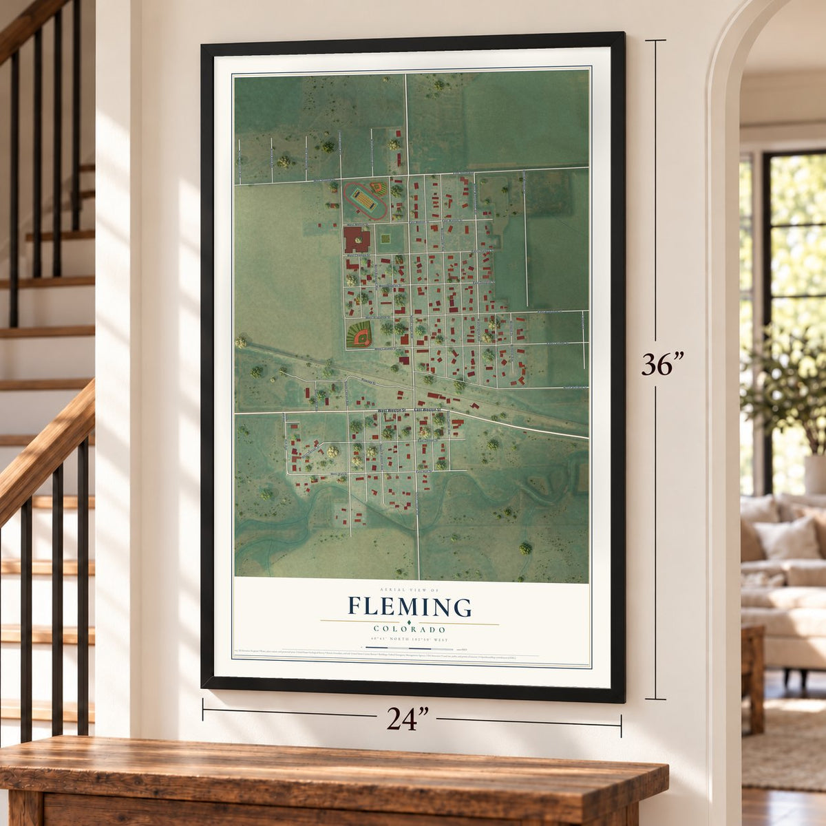 Fleming, Colorado map, 24 x 36 inch print in a black frame by a staircase
