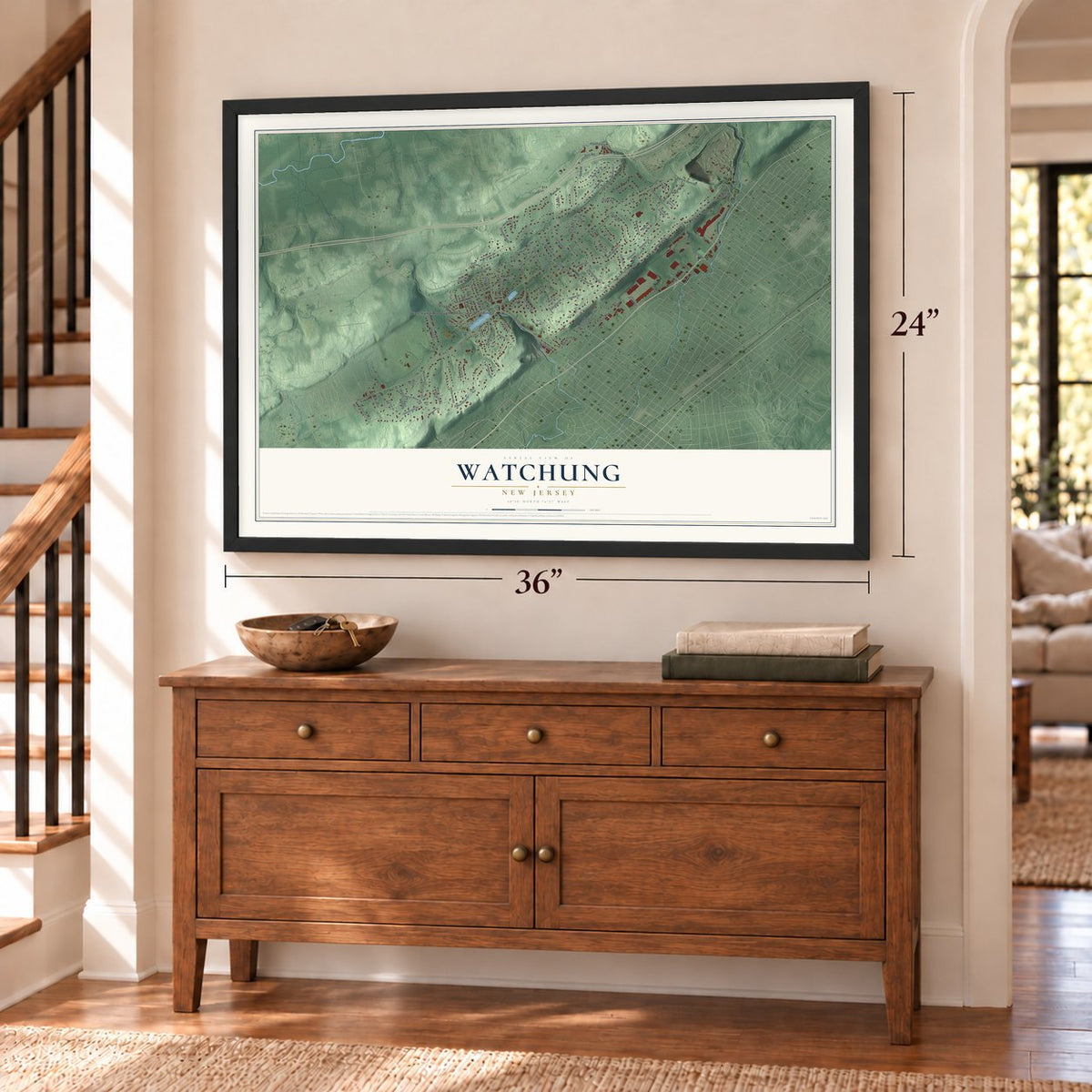 Watchung, New Jersey map, 24 x 36 inch print in a black frame above a dresser by a staircase