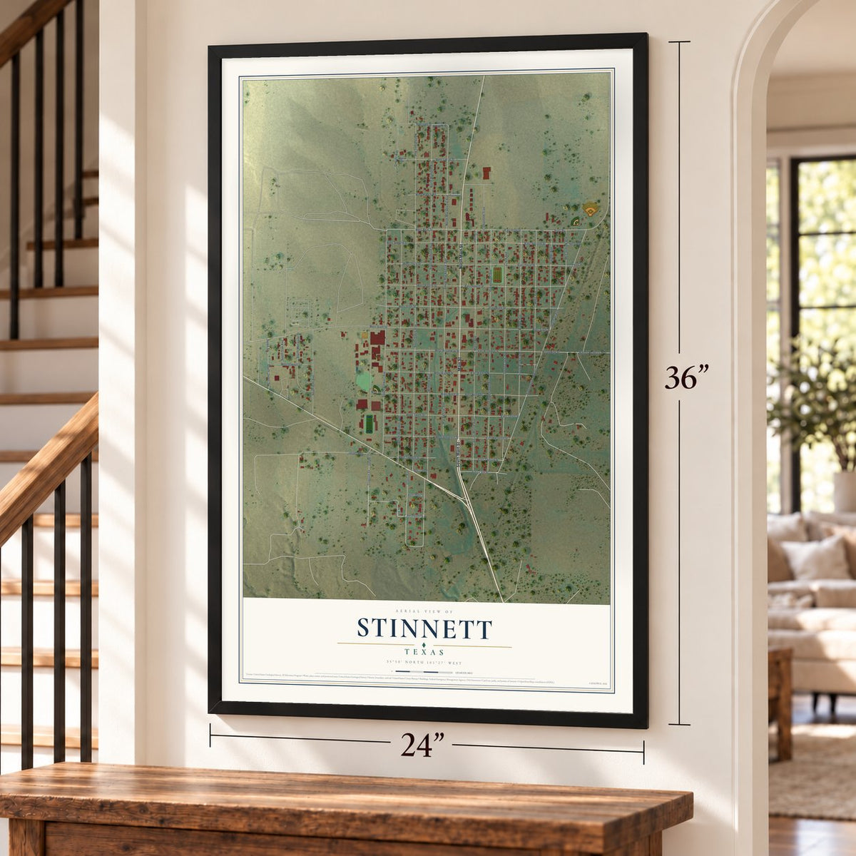Stinnett, Texas map, 24 x 36 inch print in a black frame by a staircase