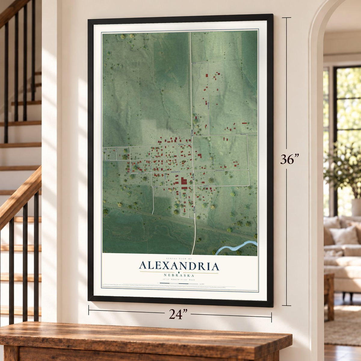 Alexandria, Nebraska map, 24 x 36 inch print in a black frame by a staircase