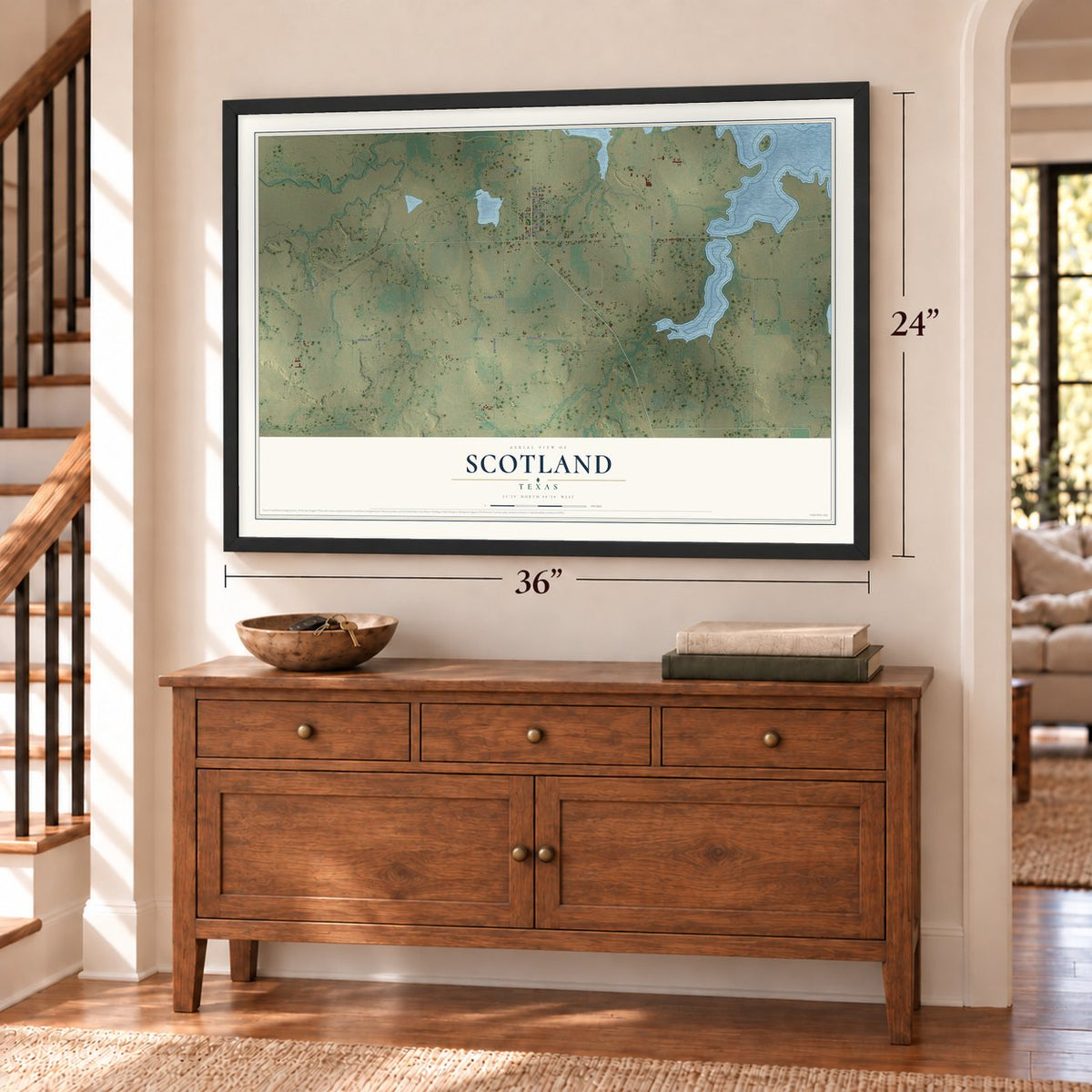Scotland, Texas map, 24 x 36 inch print in a black frame above a dresser by a staircase