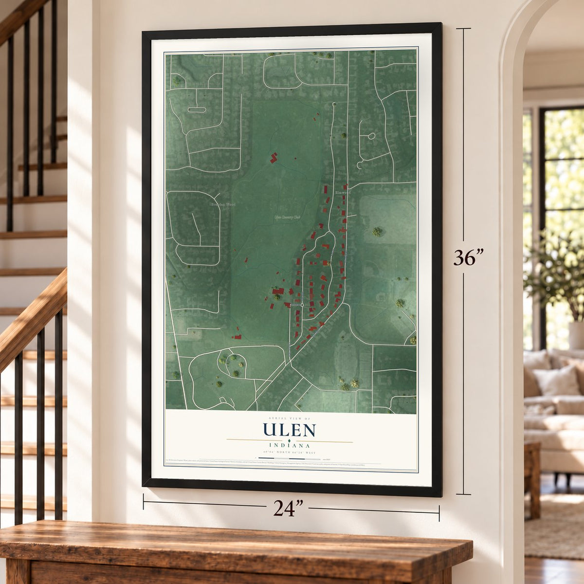 Ulen, Indiana map, 24 x 36 inch print in a black frame by a staircase