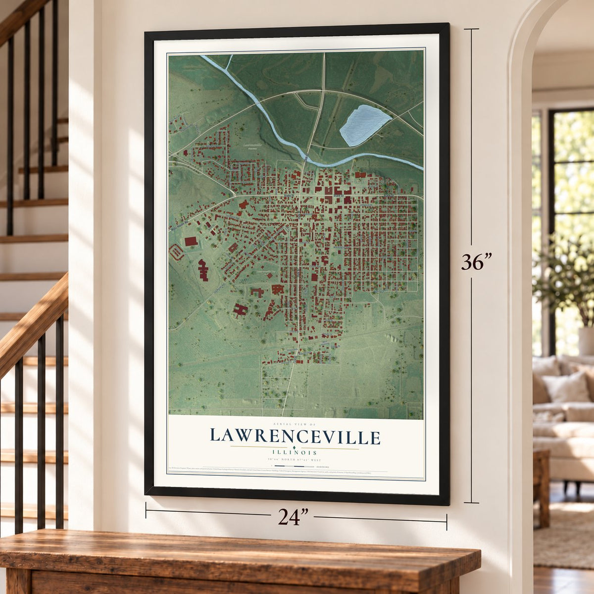 Lawrenceville, Illinois map, 24 x 36 inch print in a black frame by a staircase